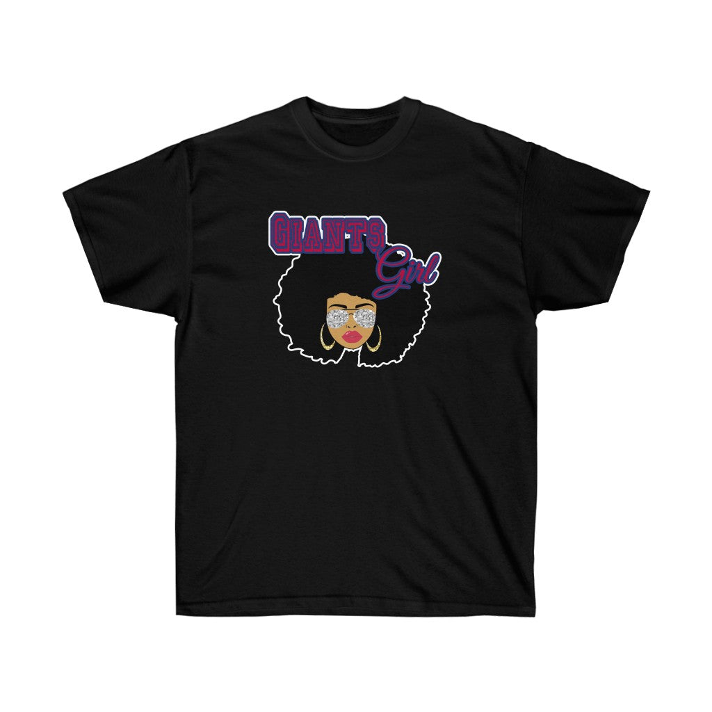Football Giants Afro Black Girl T-Shirt featuring a stylish vinyl print on soft cotton fabric, designed for comfort and unisex fit.