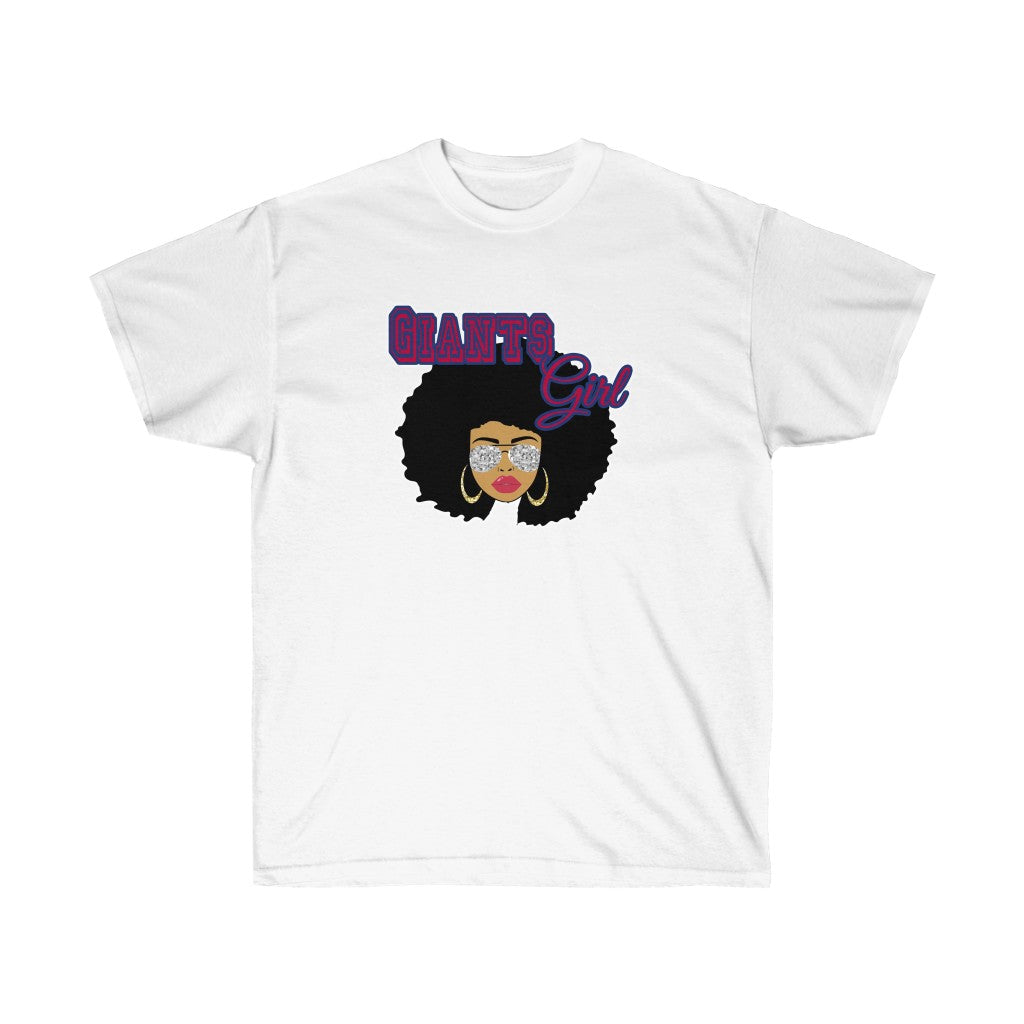 Football Giants Afro Black Girl T-Shirt featuring a stylish vinyl print on soft cotton fabric, designed for comfort and unisex fit.