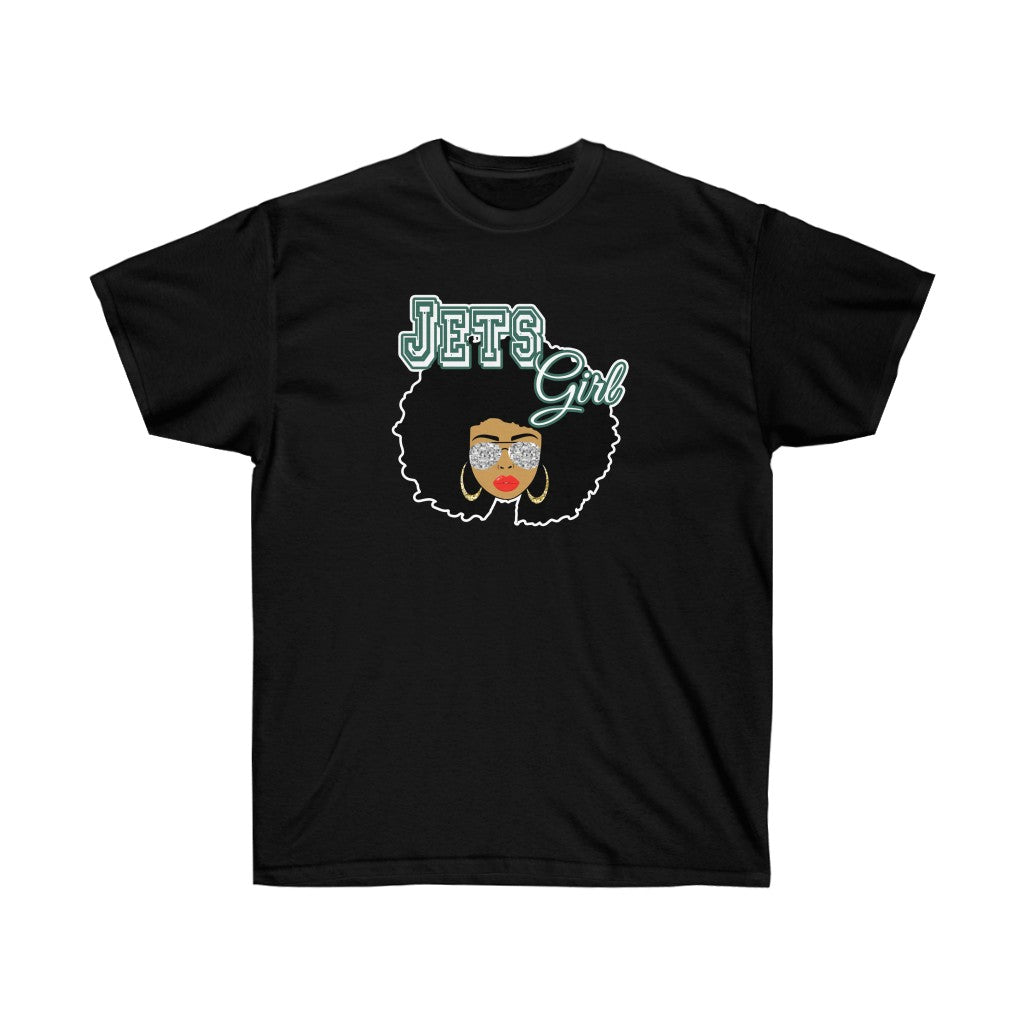 Football Jets Afro Black Girl T-Shirt featuring vibrant vinyl print on soft cotton fabric, designed for comfort and style.