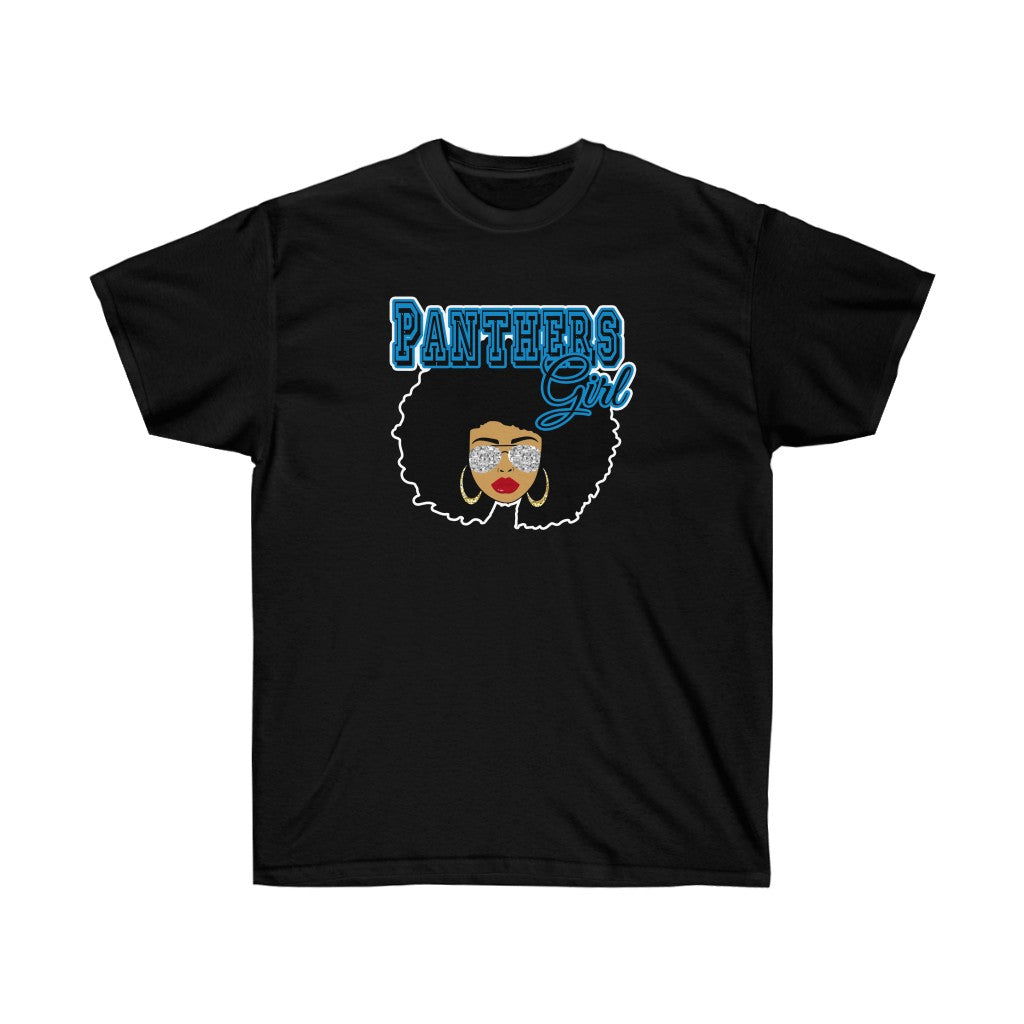 A stylish black t-shirt featuring the Football Panthers logo, designed for young girls, made from soft cotton with a unisex fit.