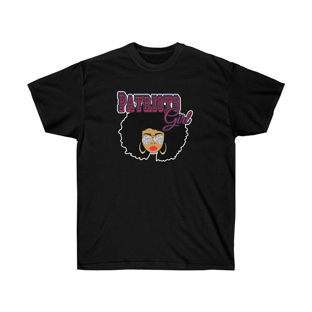 Football Patriots Afro Black Girl T-Shirt featuring vibrant vinyl print on soft cotton fabric, designed for comfort and style.