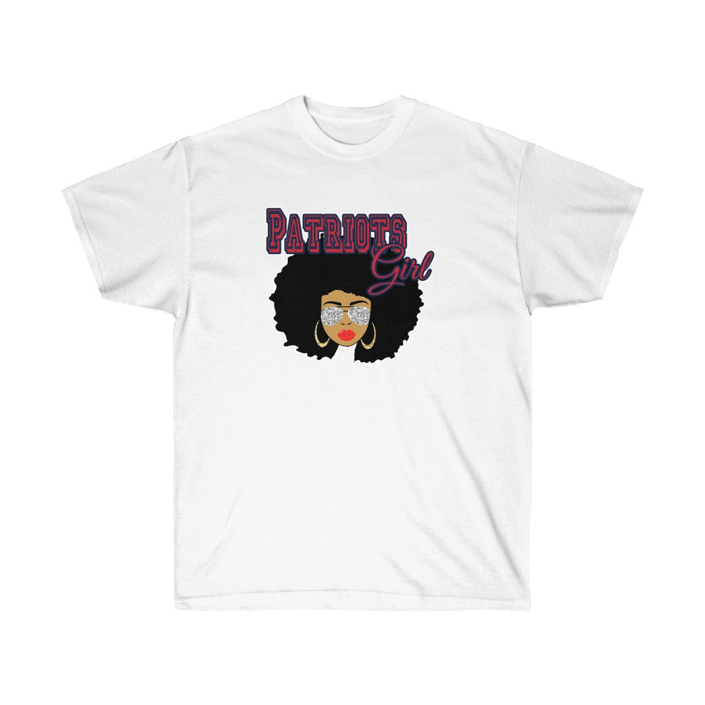 Football Patriots Afro Black Girl T-Shirt featuring vibrant vinyl print on soft cotton fabric, designed for comfort and style.