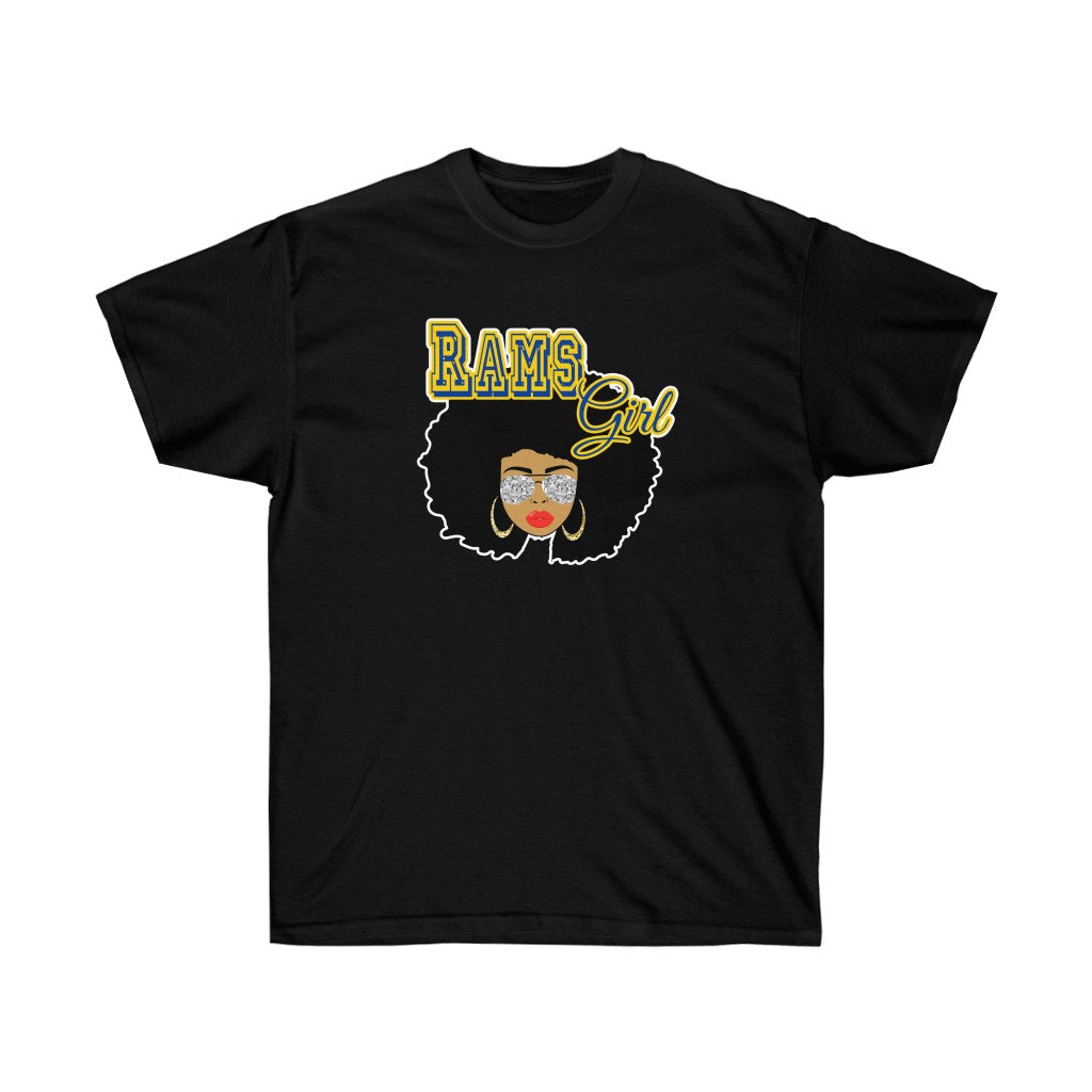Football Rams Afro Black Girl T-Shirt featuring vibrant vinyl print on soft cotton fabric, designed for comfort and style.
