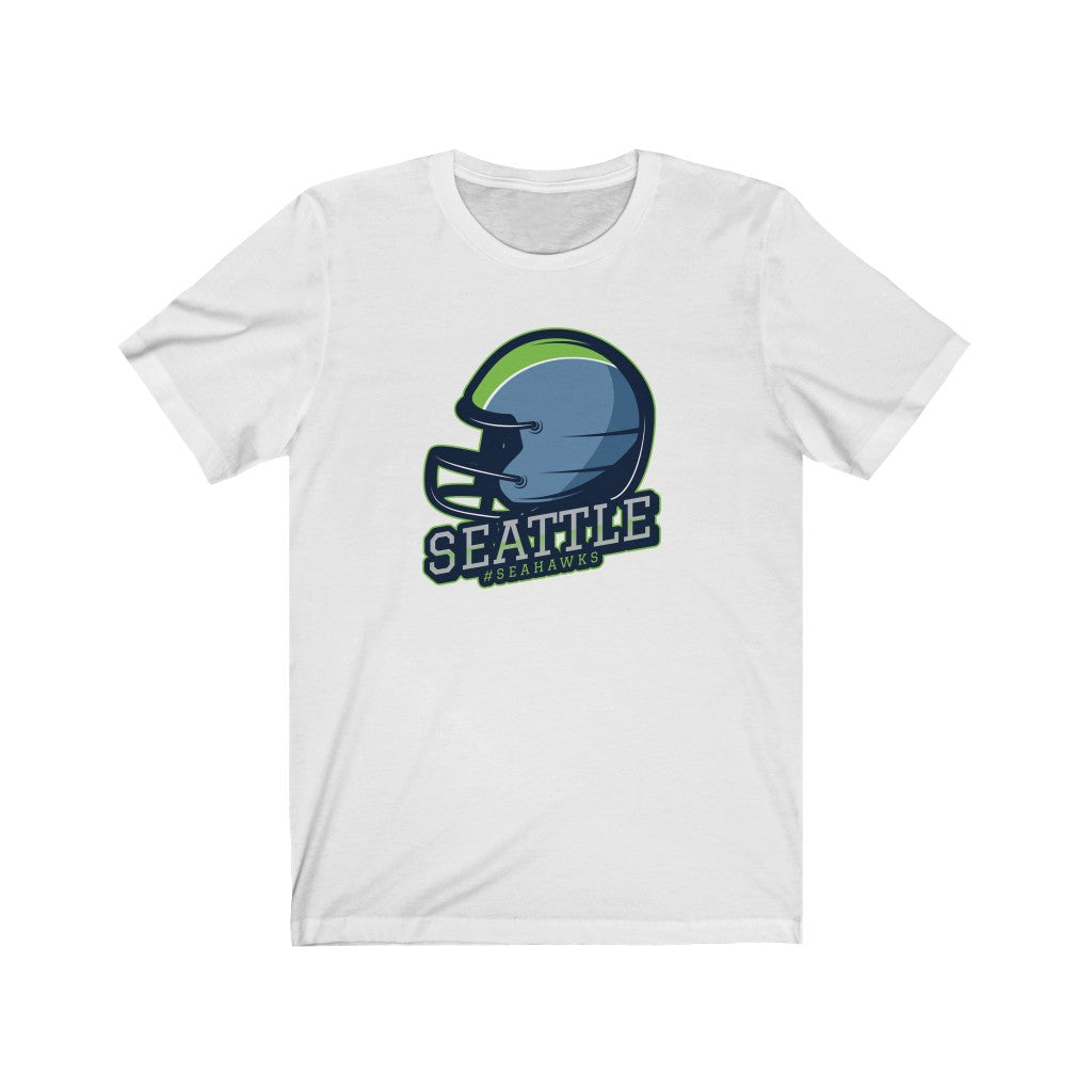 Seattle Seahawks Helmet t-shirt made of soft cotton, featuring a vibrant vinyl print design, perfect for fans.