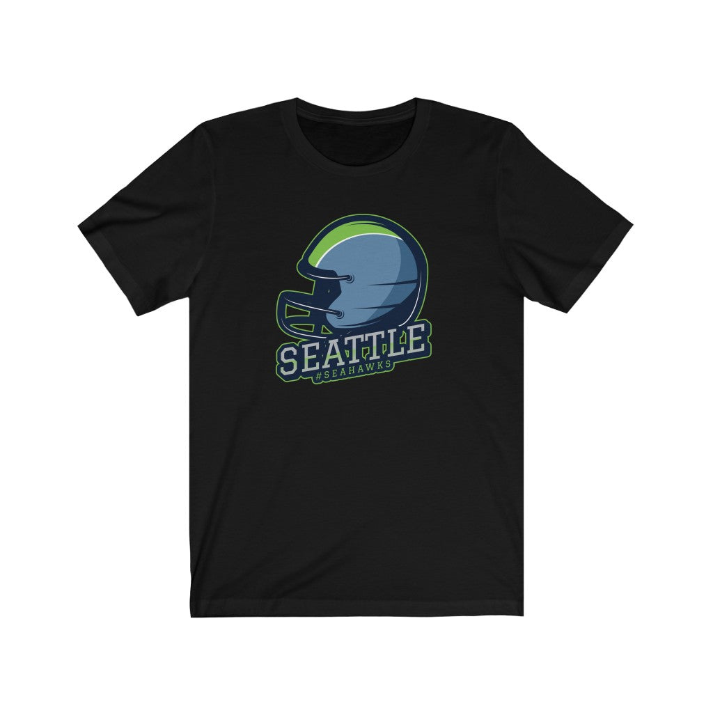 Seattle Seahawks Helmet t-shirt made of soft cotton, featuring a vibrant vinyl print design, perfect for fans.