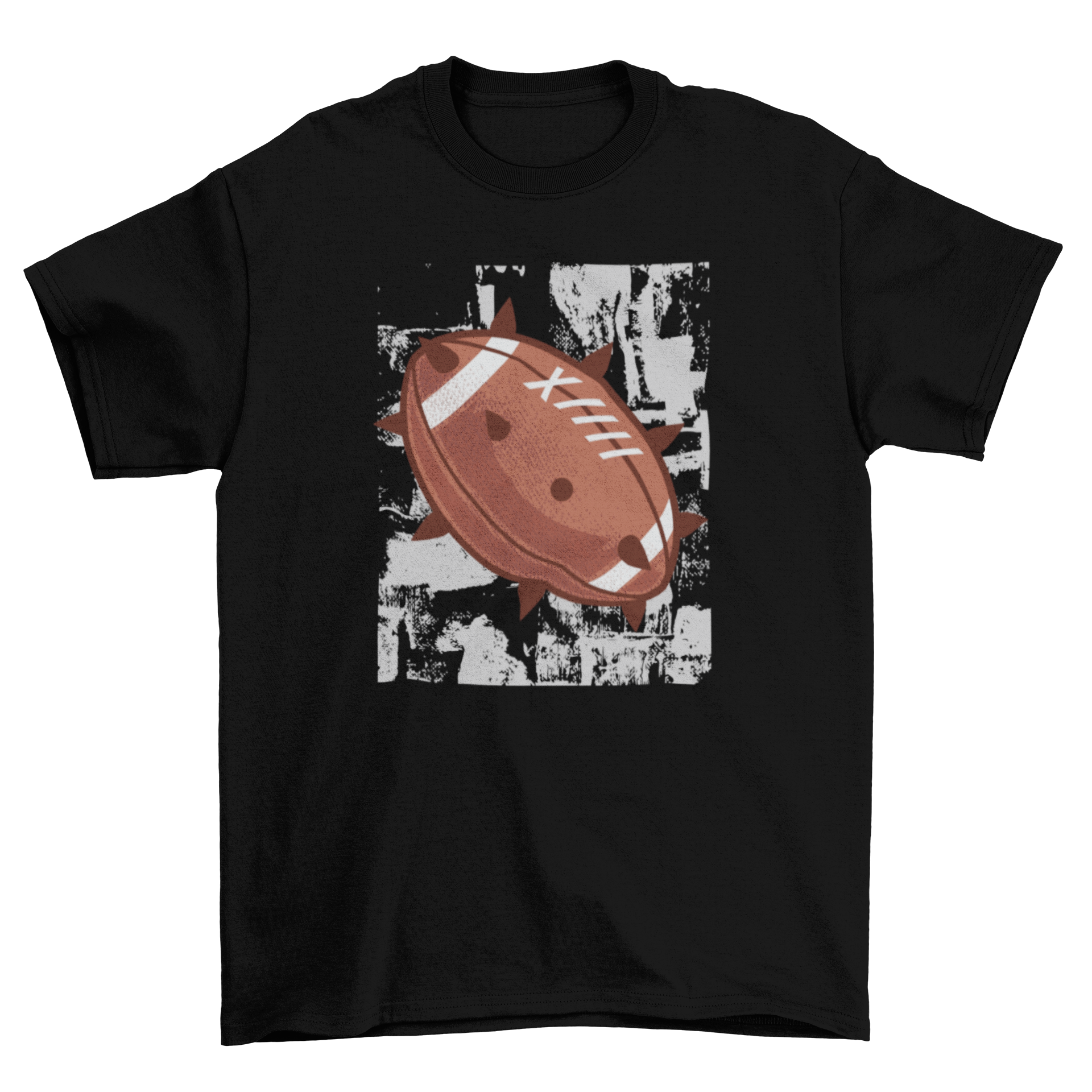 A stylish t-shirt featuring a football design with short silver spikes, perfect for sports enthusiasts.
