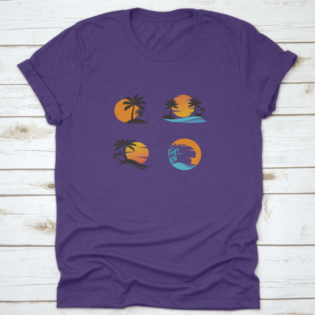 A stylish cotton shirt featuring four unique designs of coconut trees against an ocean sunset, showcasing vibrant colors and a classic fit.