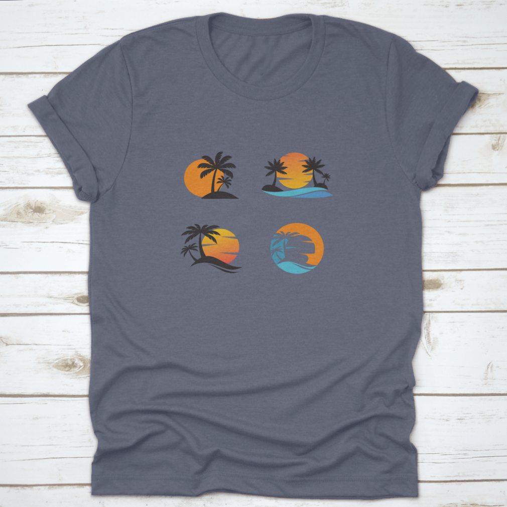 A stylish cotton shirt featuring four unique designs of coconut trees against an ocean sunset, showcasing vibrant colors and a classic fit.