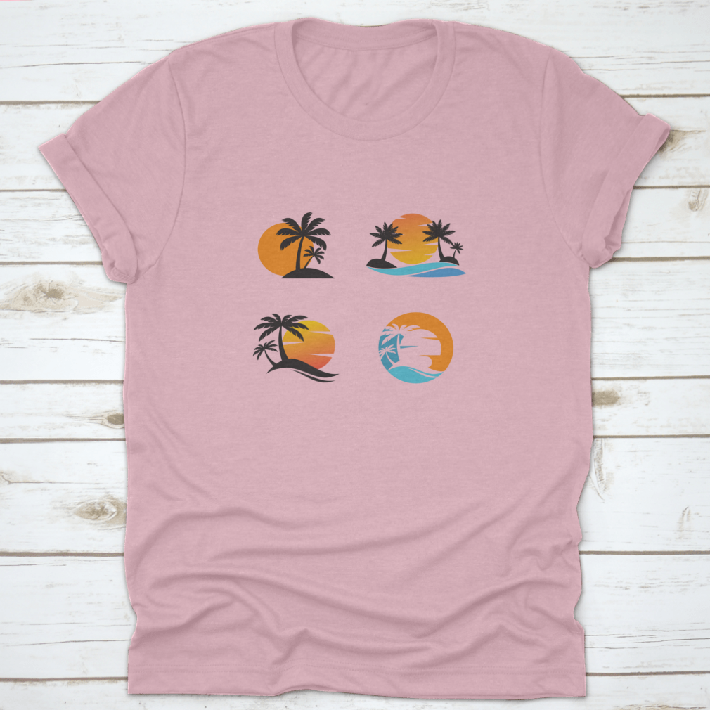 A stylish cotton shirt featuring four unique designs of coconut trees against an ocean sunset, showcasing vibrant colors and a classic fit.