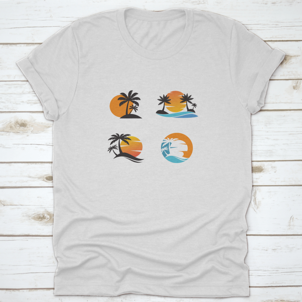 A stylish cotton shirt featuring four unique designs of coconut trees against an ocean sunset, showcasing vibrant colors and a classic fit.