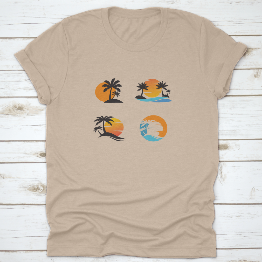A stylish cotton shirt featuring four unique designs of coconut trees against an ocean sunset, showcasing vibrant colors and a classic fit.