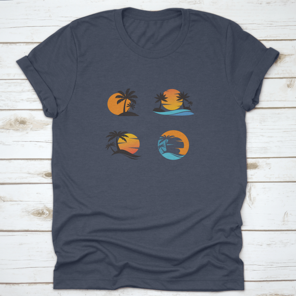 A stylish cotton shirt featuring four unique designs of coconut trees against an ocean sunset, showcasing vibrant colors and a classic fit.