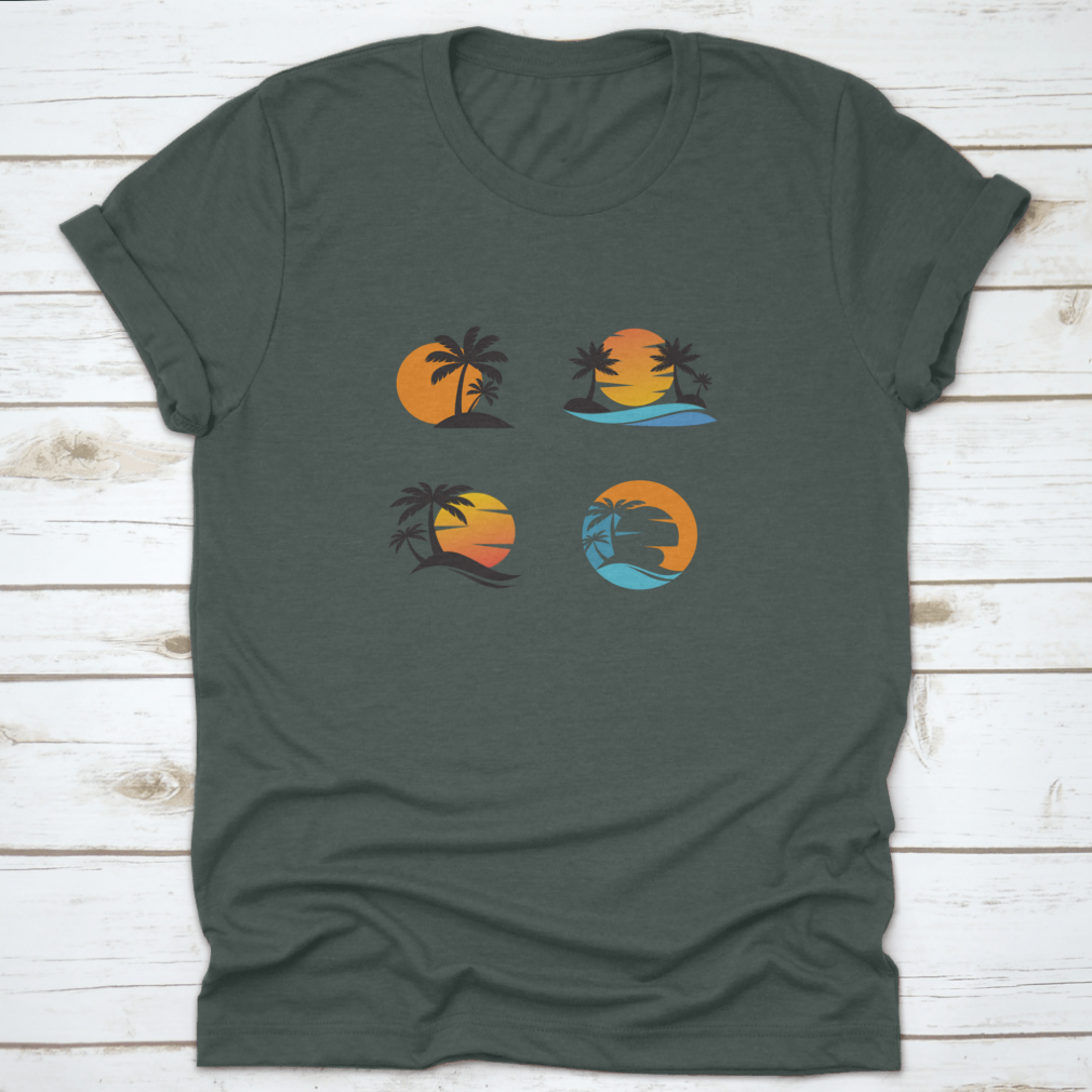 A stylish cotton shirt featuring four unique designs of coconut trees against an ocean sunset, showcasing vibrant colors and a classic fit.