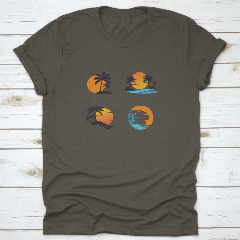 A stylish cotton shirt featuring four unique designs of coconut trees against an ocean sunset, showcasing vibrant colors and a classic fit.
