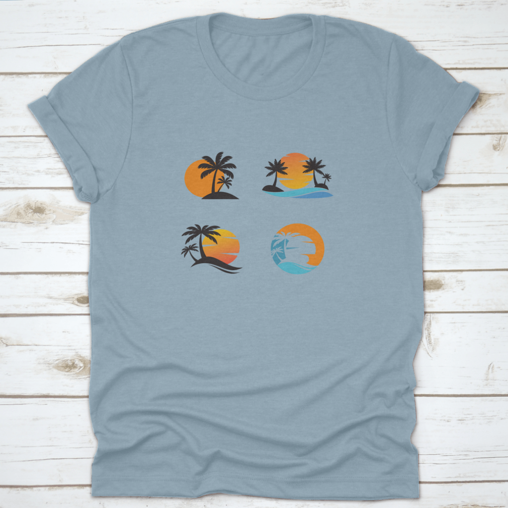 A stylish cotton shirt featuring four unique designs of coconut trees against an ocean sunset, showcasing vibrant colors and a classic fit.