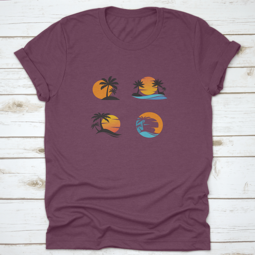A stylish cotton shirt featuring four unique designs of coconut trees against an ocean sunset, showcasing vibrant colors and a classic fit.