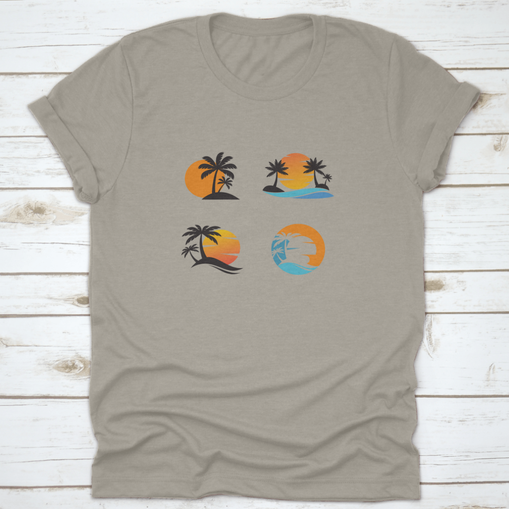 A stylish cotton shirt featuring four unique designs of coconut trees against an ocean sunset, showcasing vibrant colors and a classic fit.