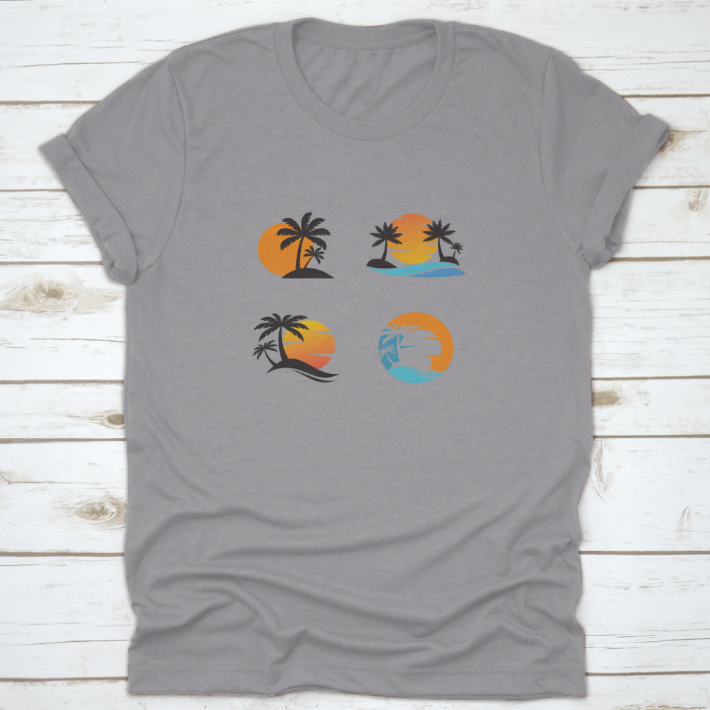 A stylish cotton shirt featuring four unique designs of coconut trees against an ocean sunset, showcasing vibrant colors and a classic fit.