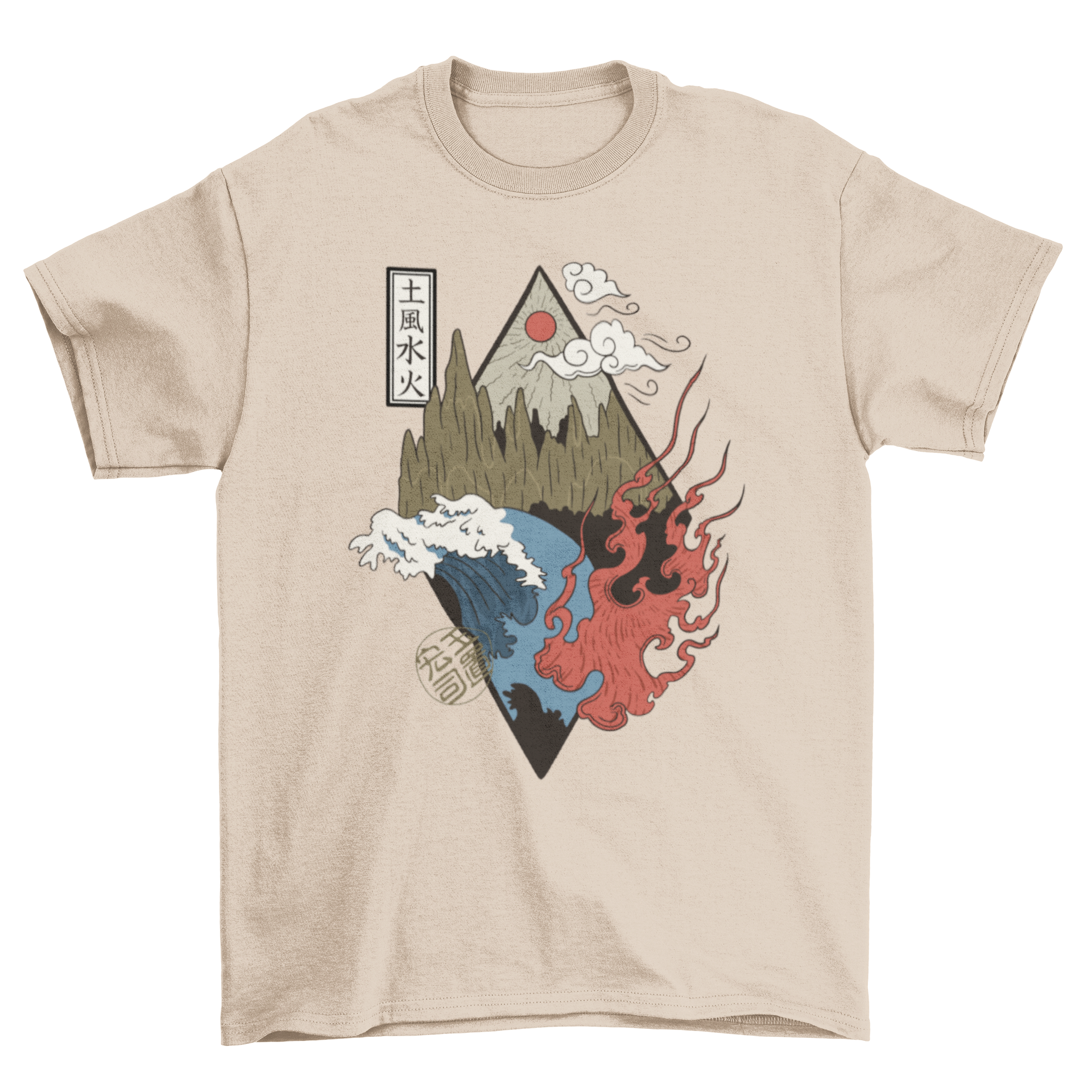 Four Elements T-Shirt featuring a Japanese-style illustration of earth, water, air, and fire elements.