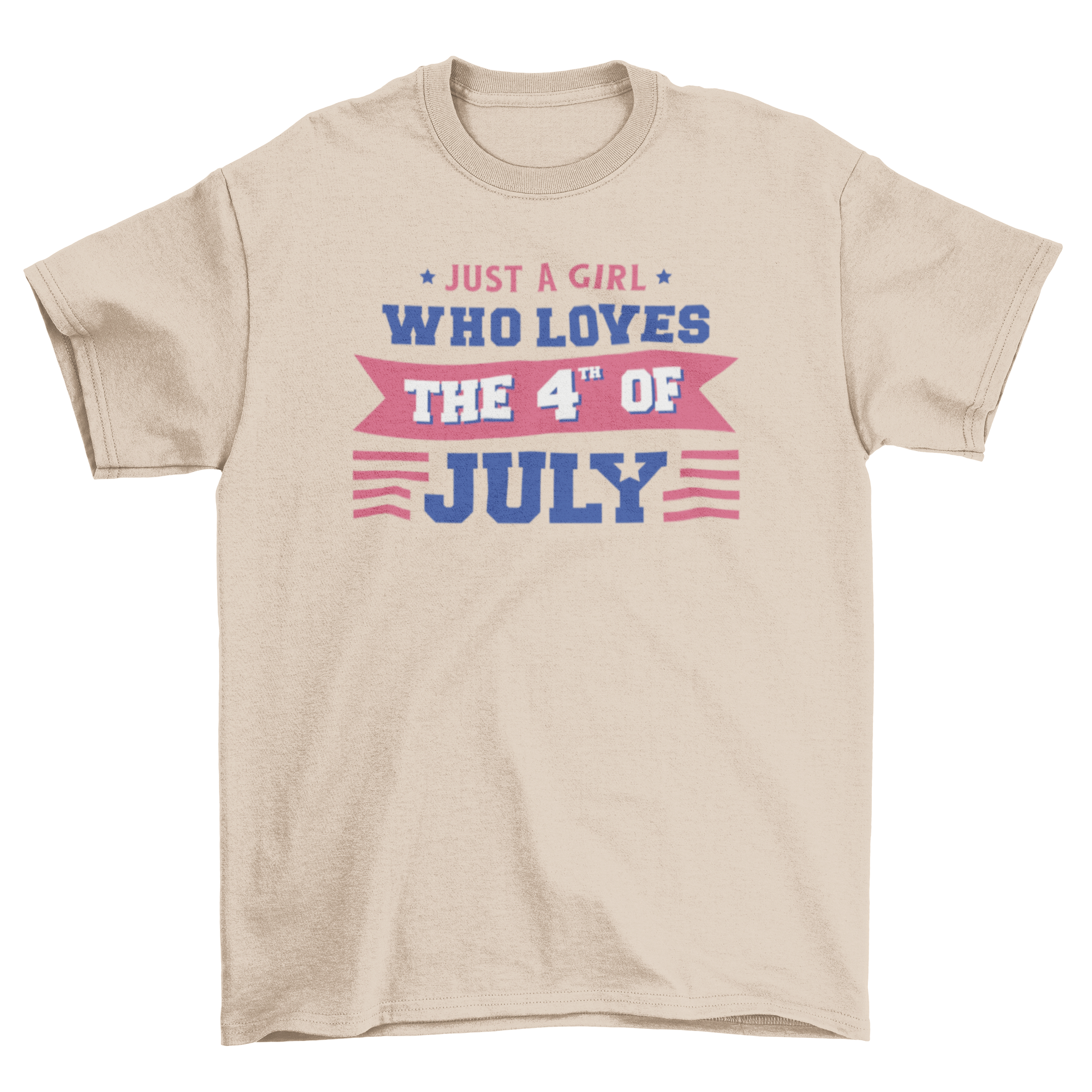 A stylish t-shirt featuring the quote 'Just a girl who loves the 4th of July' in bold typography, perfect for Independence Day celebrations.
