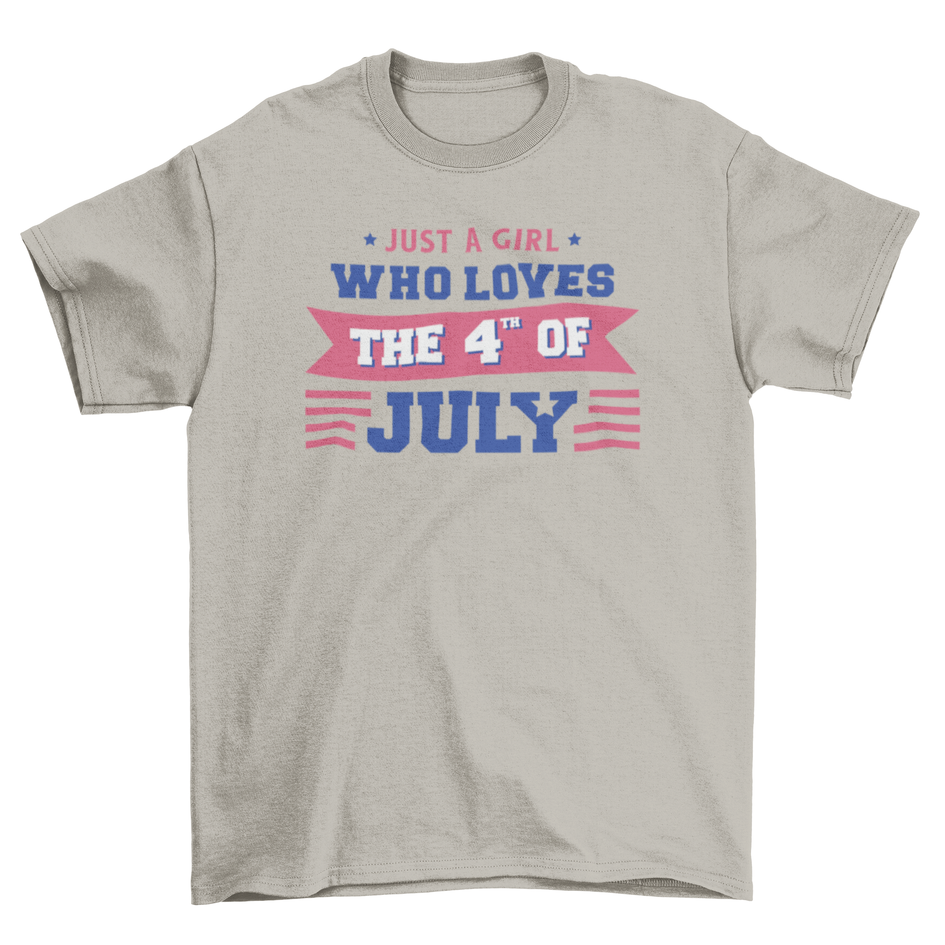 A stylish t-shirt featuring the quote 'Just a girl who loves the 4th of July' in bold typography, perfect for Independence Day celebrations.