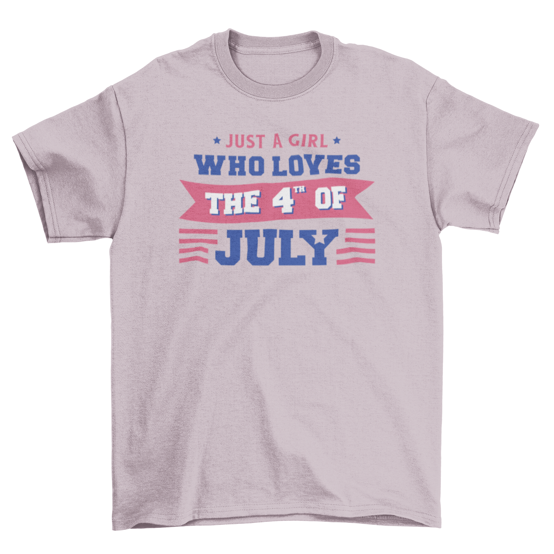 A stylish t-shirt featuring the quote 'Just a girl who loves the 4th of July' in bold typography, perfect for Independence Day celebrations.