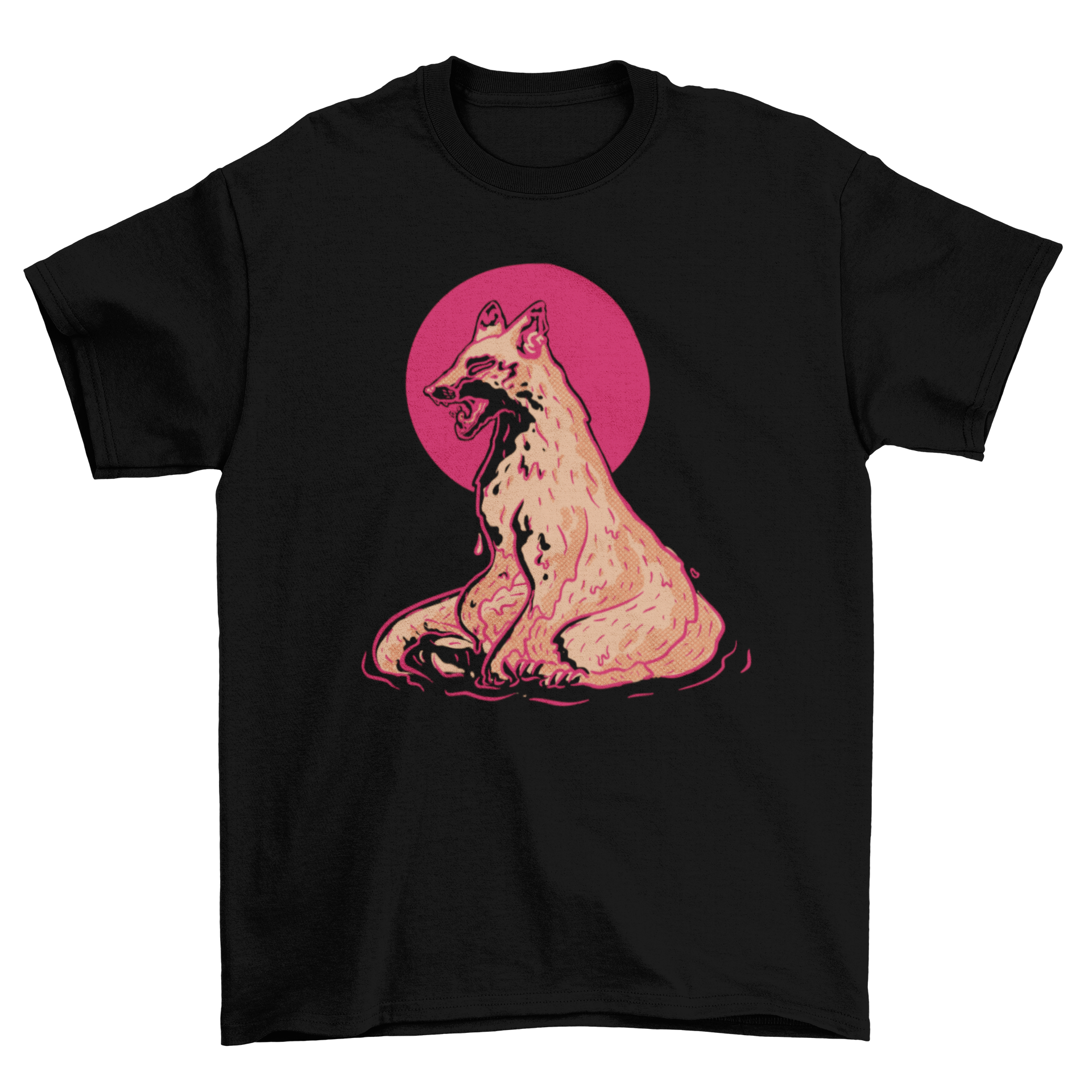 A stylish t-shirt featuring a unique melting fox design, showcasing vibrant colors and artistic flair.