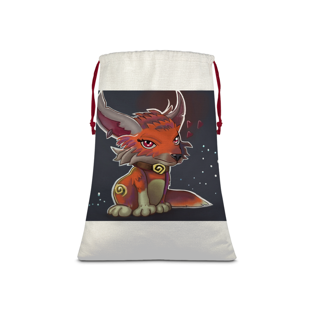 Foxxy Sublimation Linen Drawstring Sack with red drawstring, featuring eco-friendly printed design, ideal for Christmas gifts and laundry.