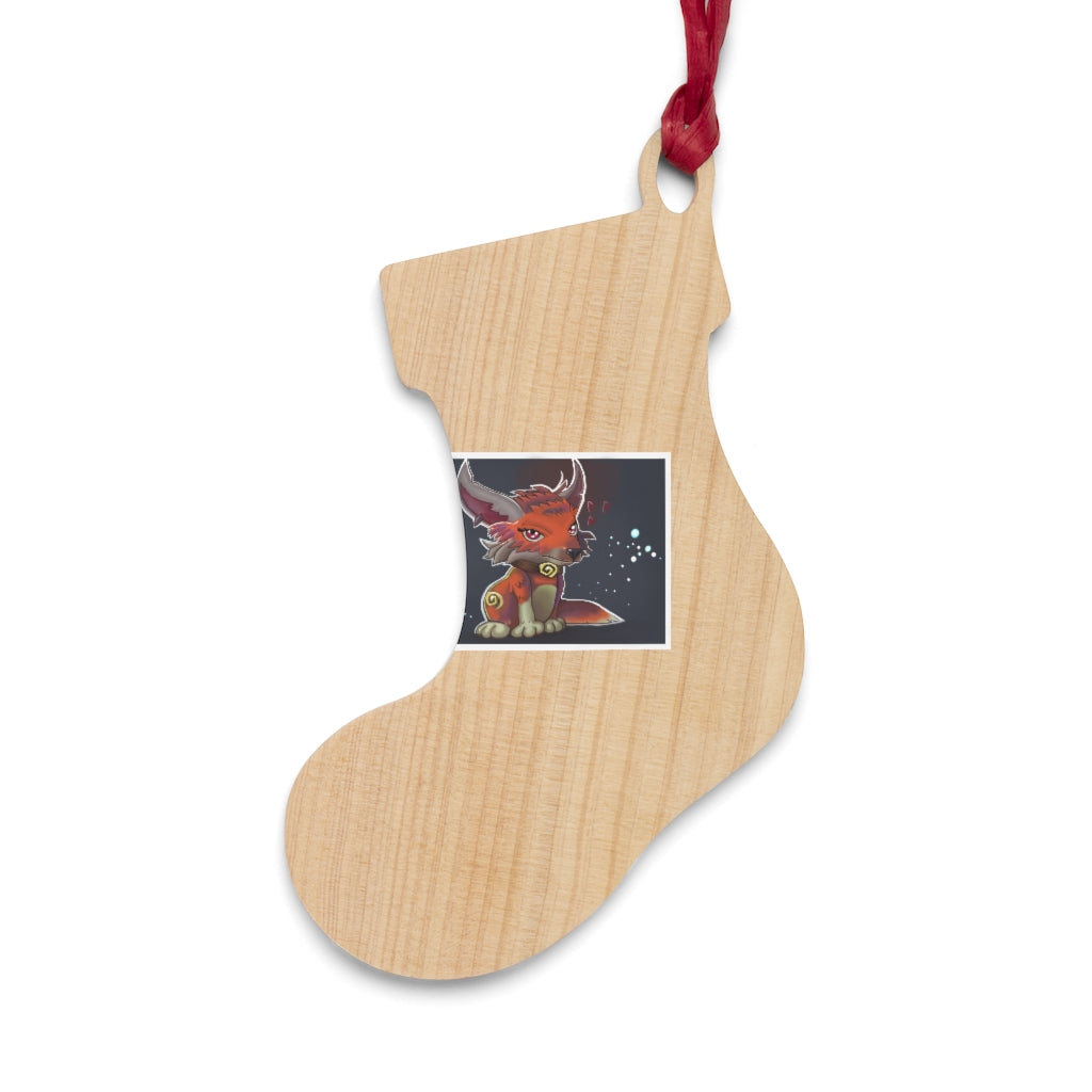 Foxxy Wooden Christmas Ornaments in various whimsical shapes, featuring a rustic wood finish and red ribbons for hanging.