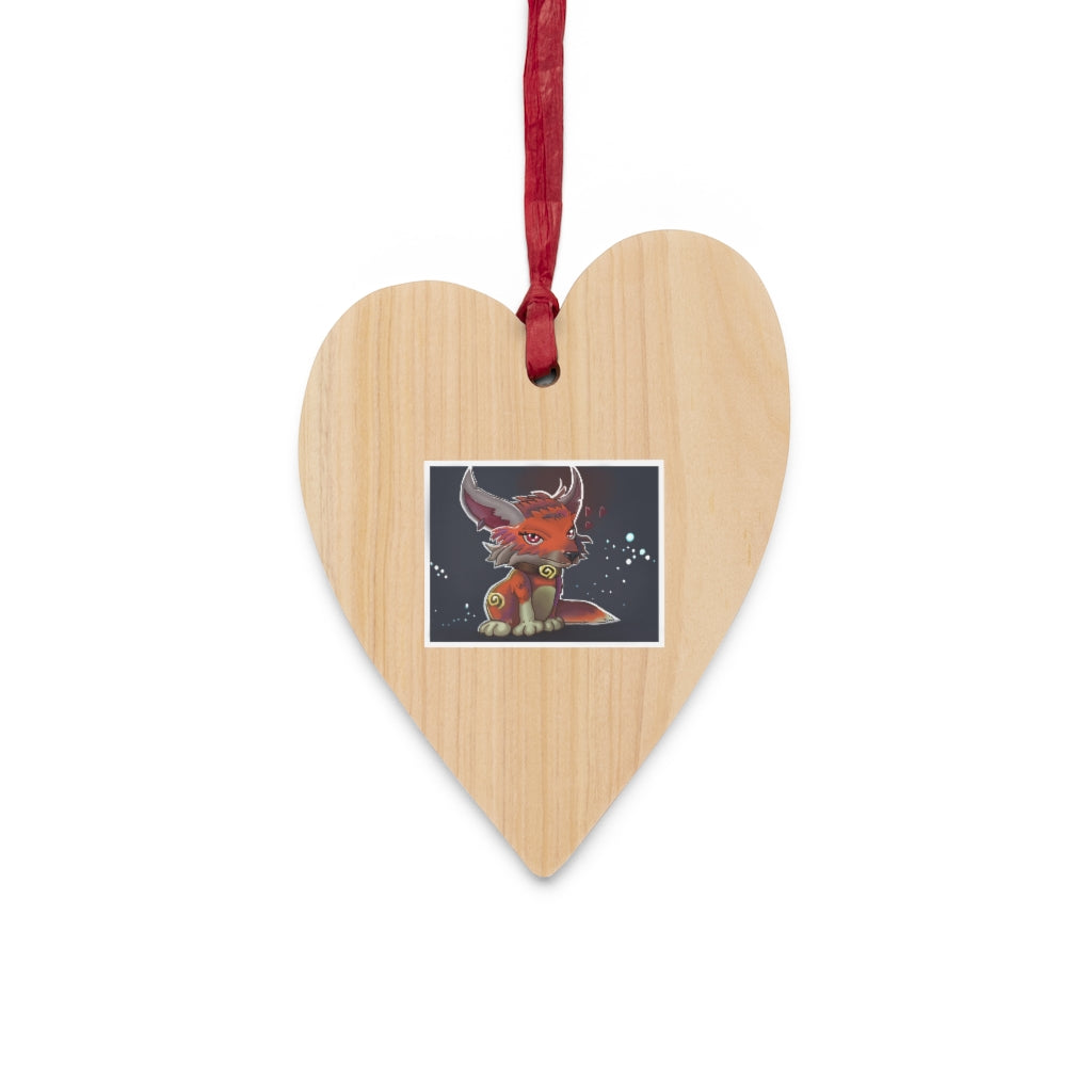 Foxxy Wooden Christmas Ornaments in various whimsical shapes, featuring a rustic wood finish and red ribbons for hanging.