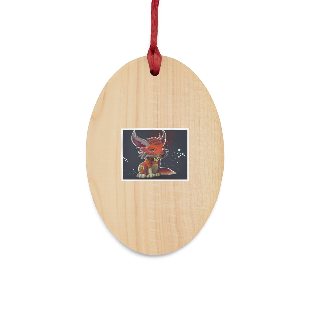 Foxxy Wooden Christmas Ornaments in various whimsical shapes, featuring a rustic wood finish and red ribbons for hanging.