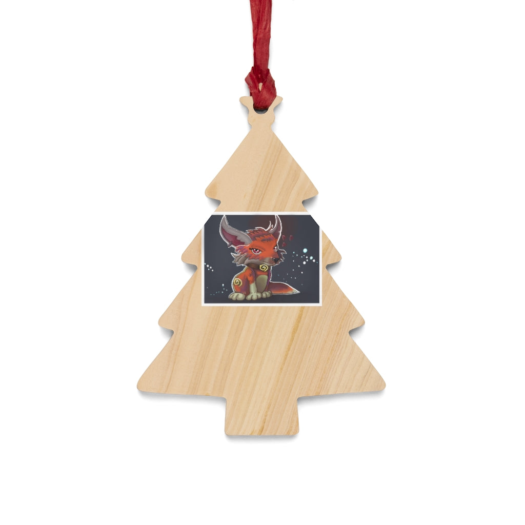 Foxxy Wooden Christmas Ornaments in various whimsical shapes, featuring a rustic wood finish and red ribbons for hanging.