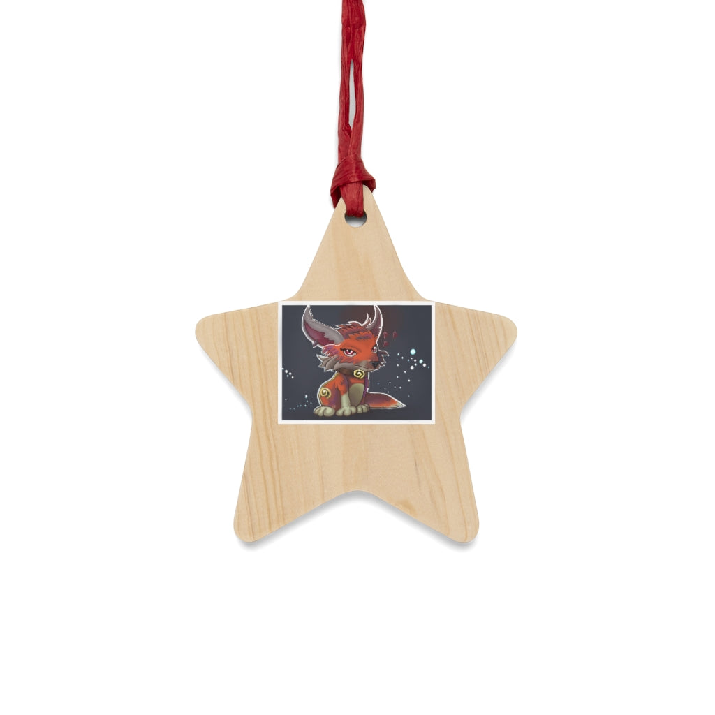 Foxxy Wooden Christmas Ornaments in various whimsical shapes, featuring a rustic wood finish and red ribbons for hanging.