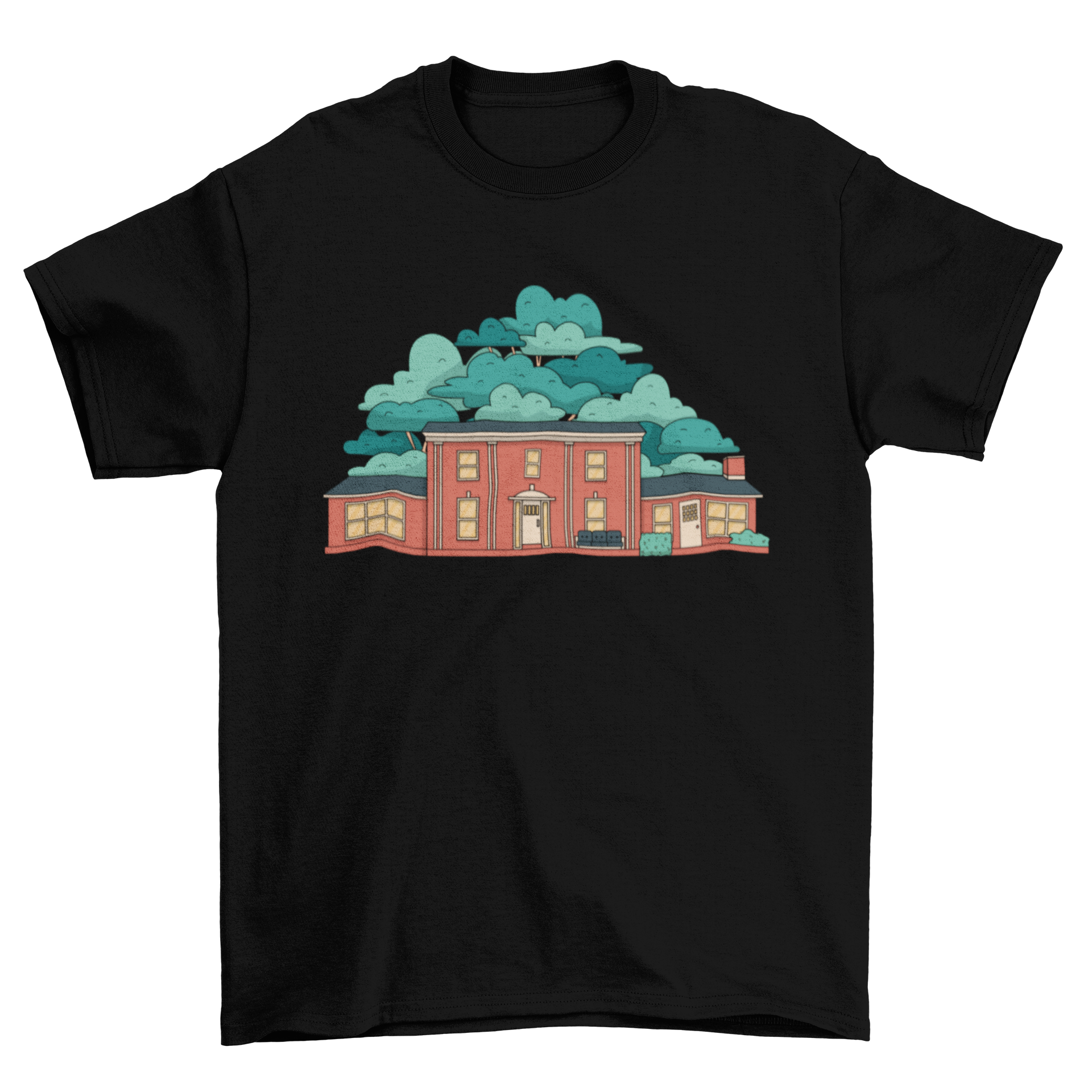 A stylish t-shirt featuring a vibrant illustration of a frat house, perfect for college students and alumni.