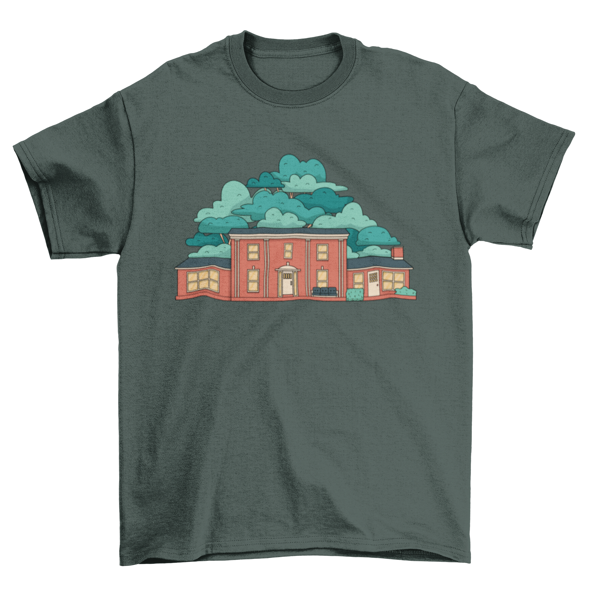 A stylish t-shirt featuring a vibrant illustration of a frat house, perfect for college students and alumni.