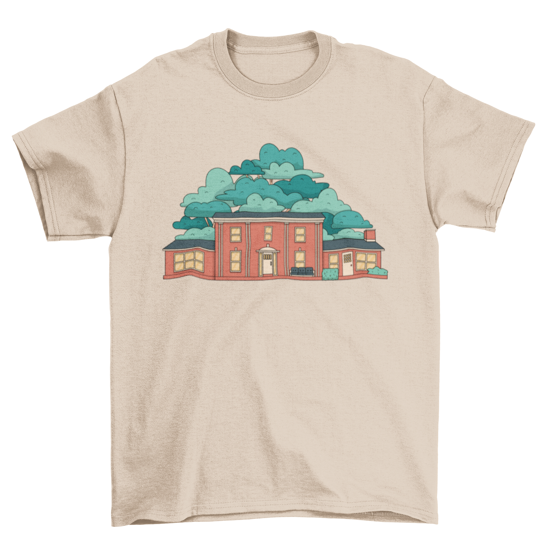 A stylish t-shirt featuring a vibrant illustration of a frat house, perfect for college students and alumni.