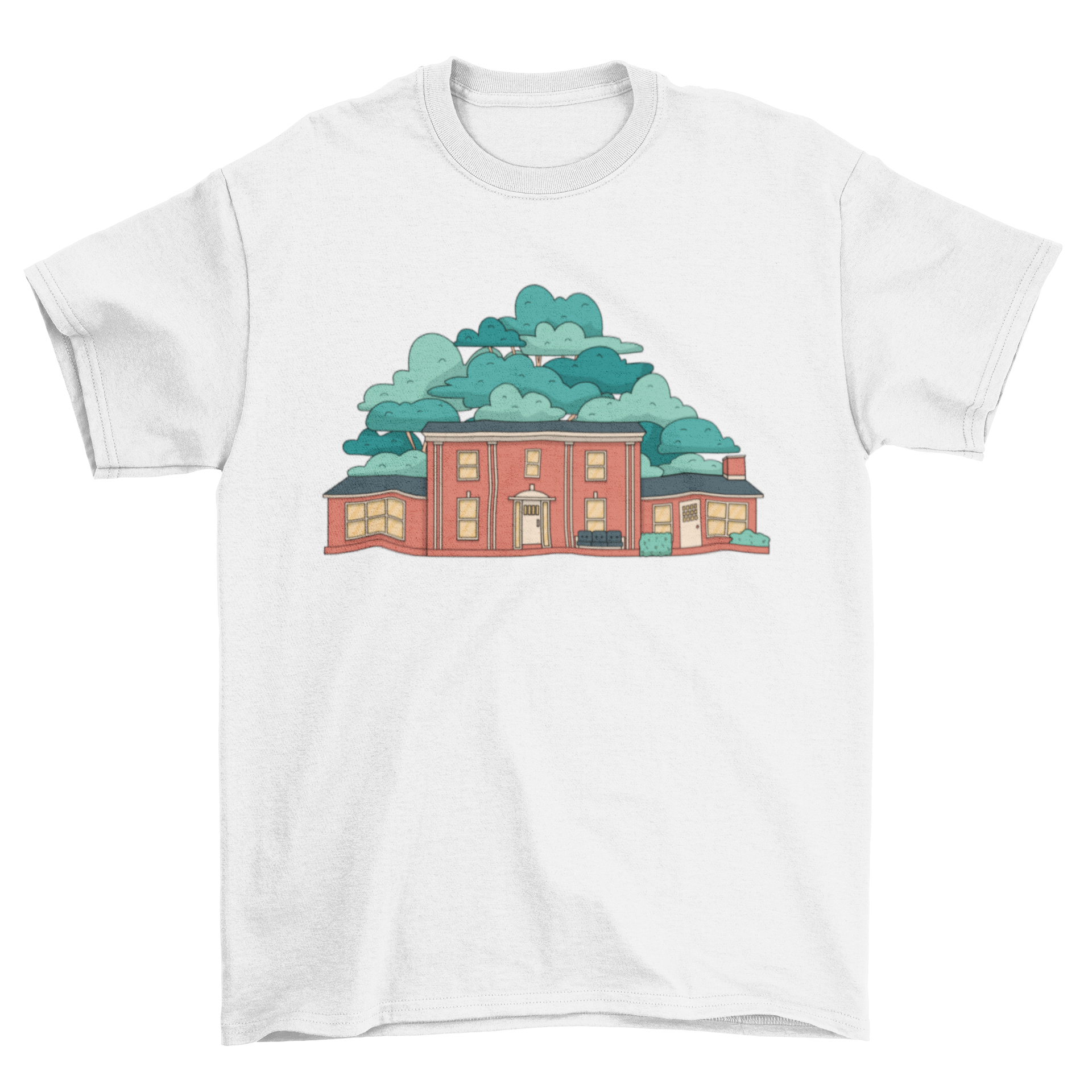 A stylish t-shirt featuring a vibrant illustration of a frat house, perfect for college students and alumni.