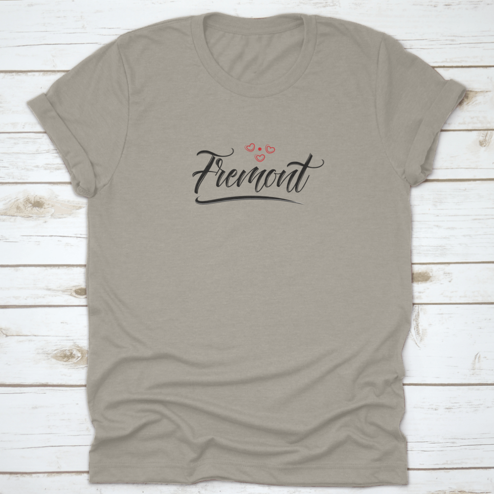 Fremont City Text Design T-shirt featuring a red heart typographic icon, showcasing a stylish and comfortable casual wear option.