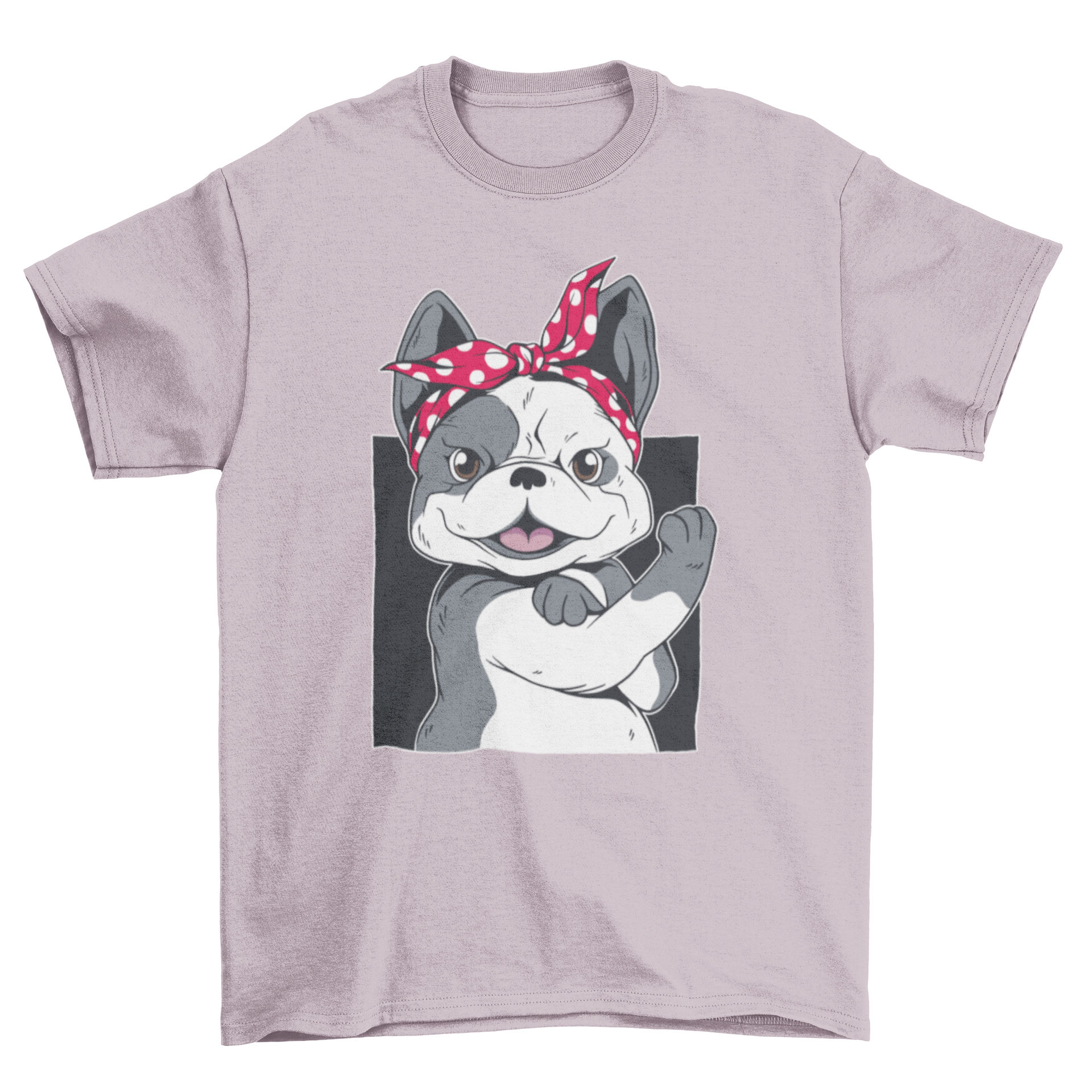 A stylish T-shirt featuring a female French Bulldog illustration mimicking the We Can Do It poster.