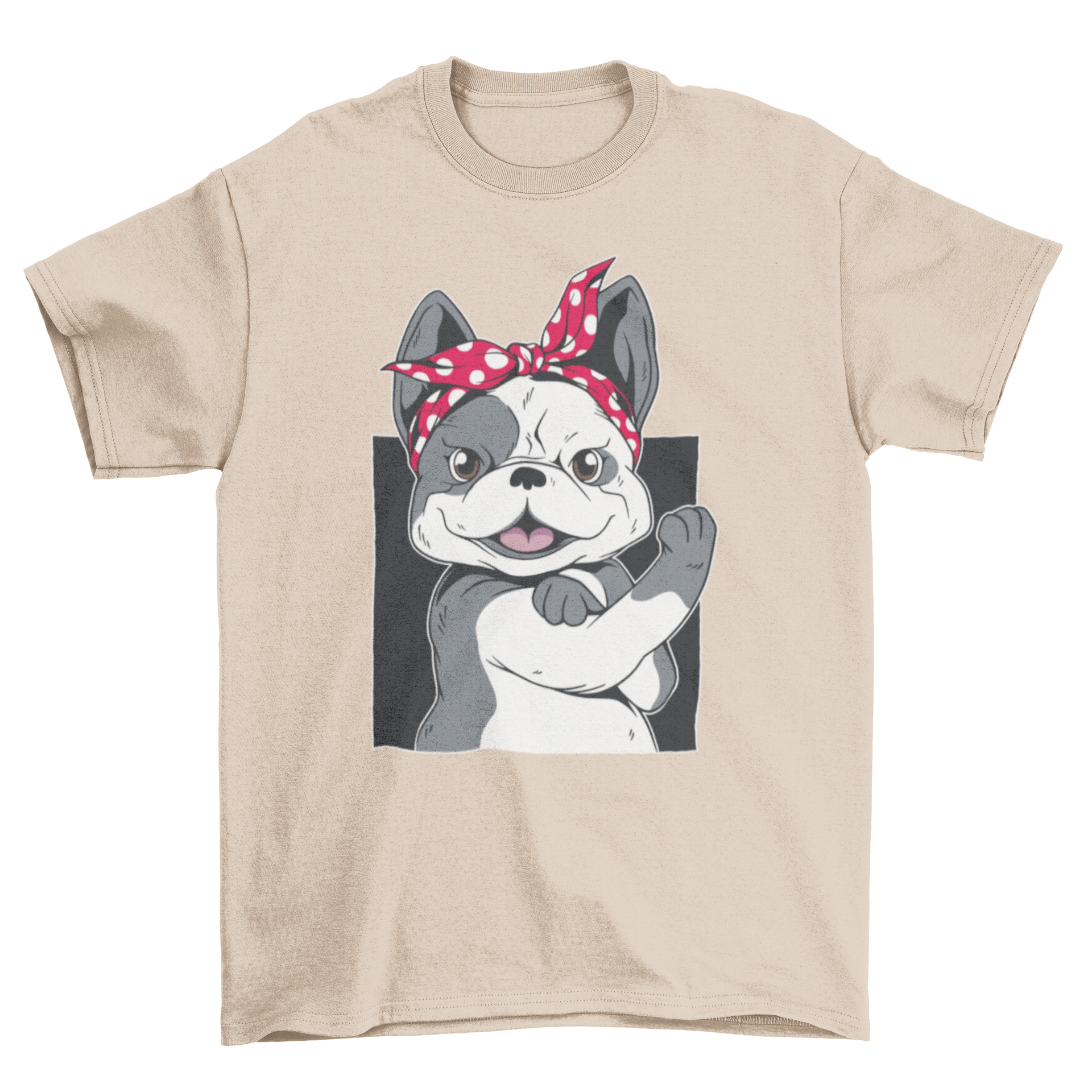 A stylish T-shirt featuring a female French Bulldog illustration mimicking the We Can Do It poster.