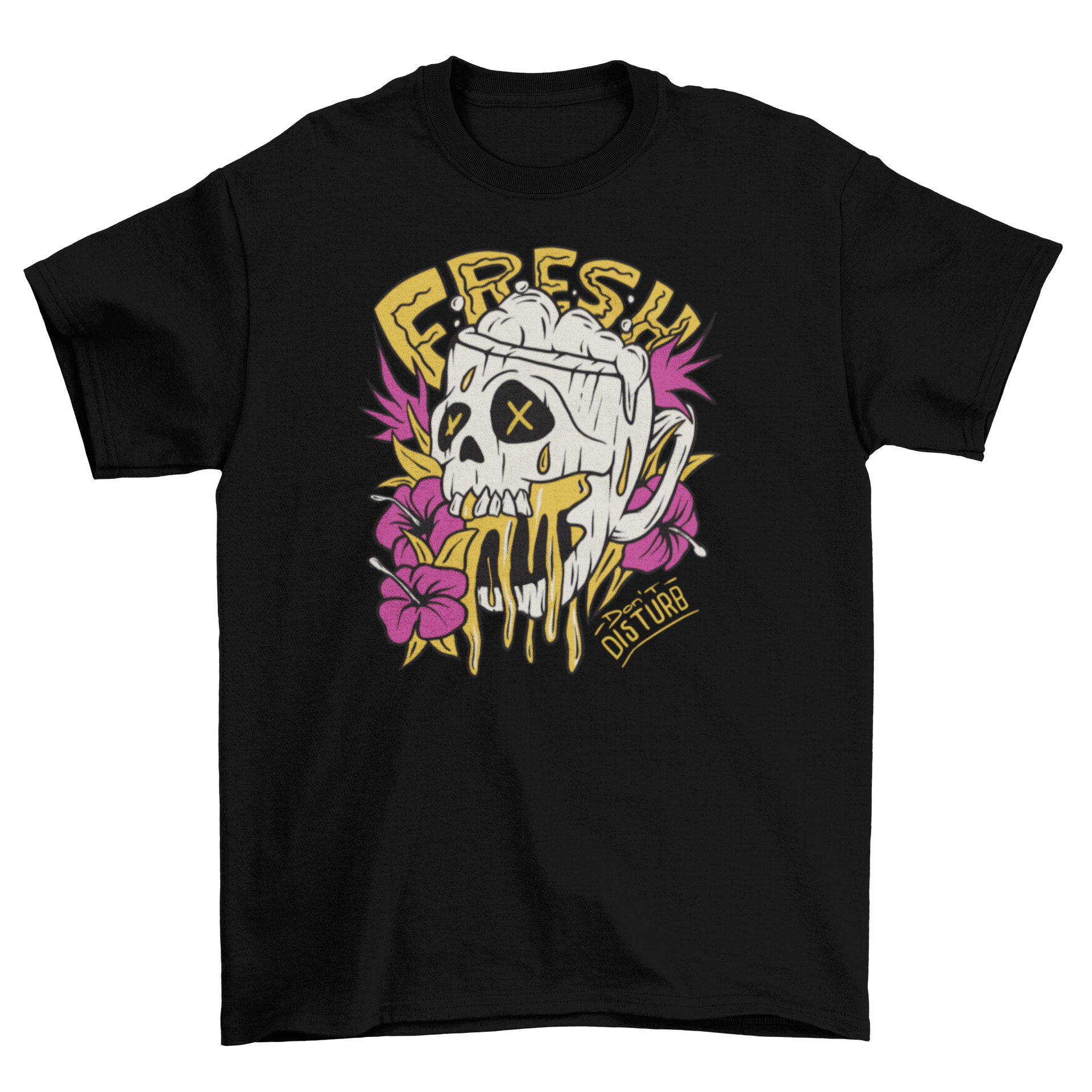 Fresh Beer Skull Quote T-Shirt featuring a skull mug and hibiscus flowers design.
