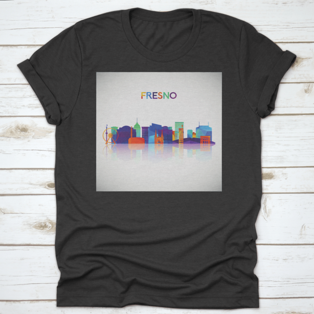 Colorful geometric silhouette of Fresno skyline on a cotton shirt, showcasing vibrant colors and modern design.