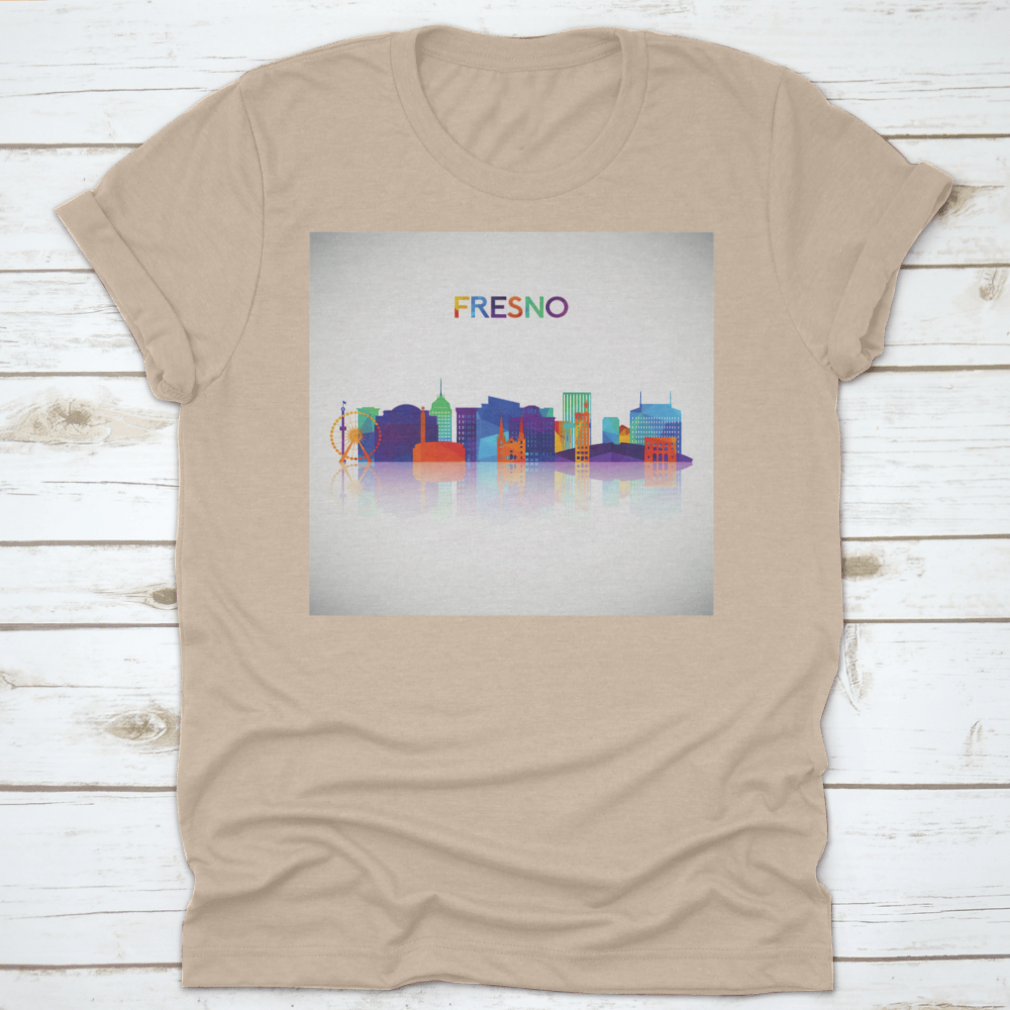Colorful geometric silhouette of Fresno skyline on a cotton shirt, showcasing vibrant colors and modern design.