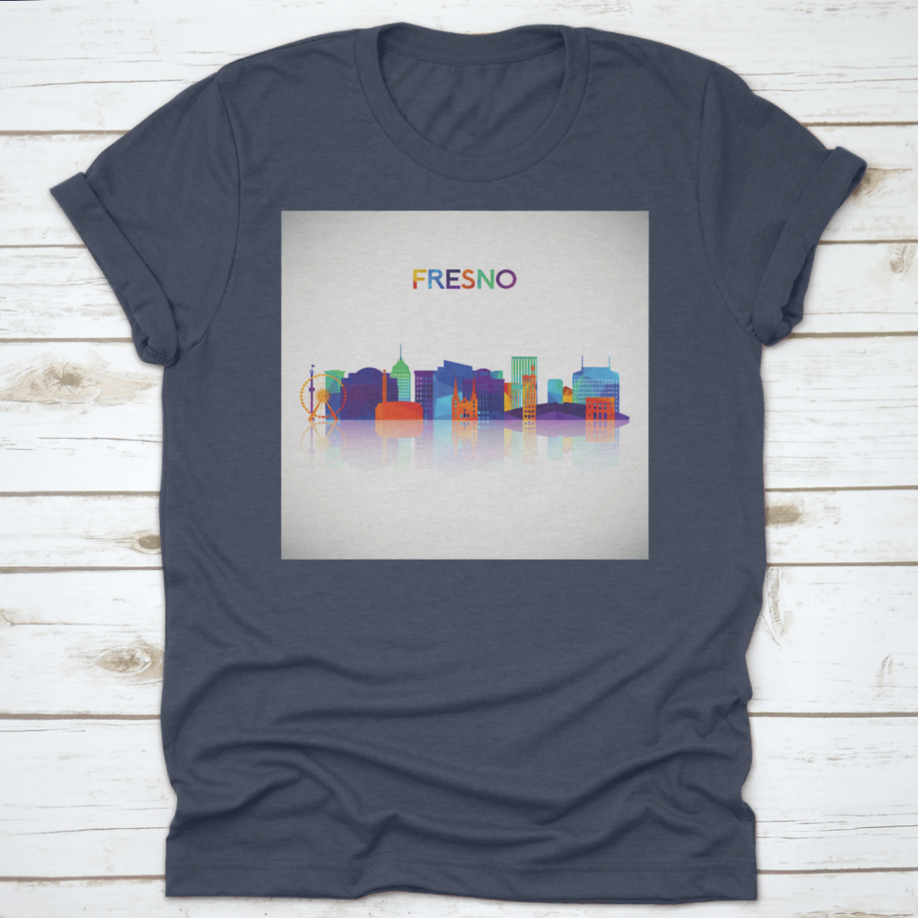 Colorful geometric silhouette of Fresno skyline on a cotton shirt, showcasing vibrant colors and modern design.