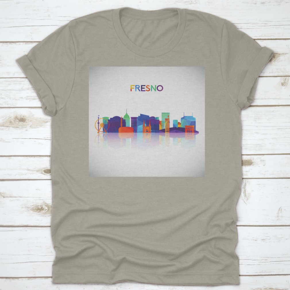 Colorful geometric silhouette of Fresno skyline on a cotton shirt, showcasing vibrant colors and modern design.