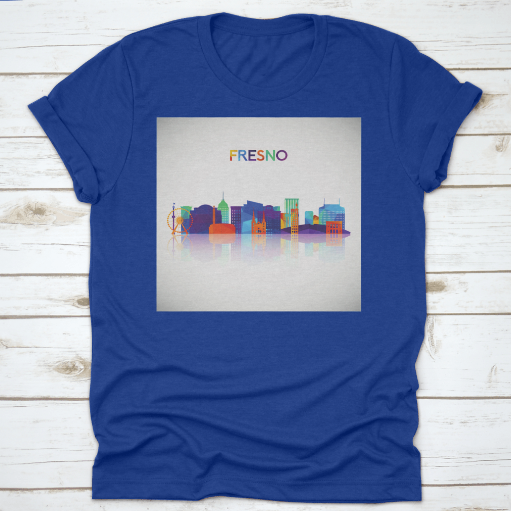 Colorful geometric silhouette of Fresno skyline on a cotton shirt, showcasing vibrant colors and modern design.