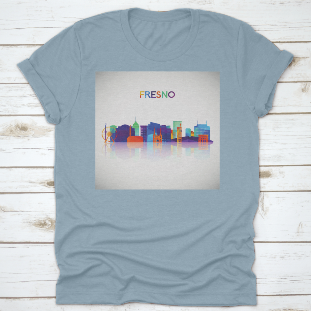 Colorful geometric silhouette of Fresno skyline on a cotton shirt, showcasing vibrant colors and modern design.
