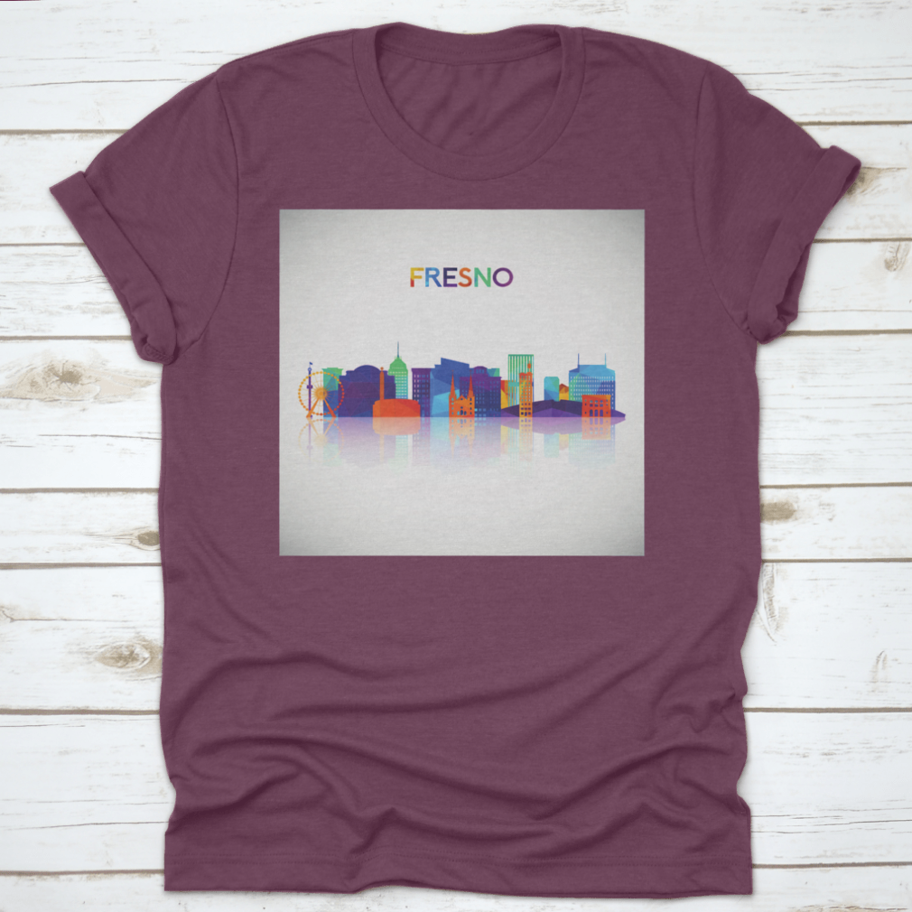 Colorful geometric silhouette of Fresno skyline on a cotton shirt, showcasing vibrant colors and modern design.