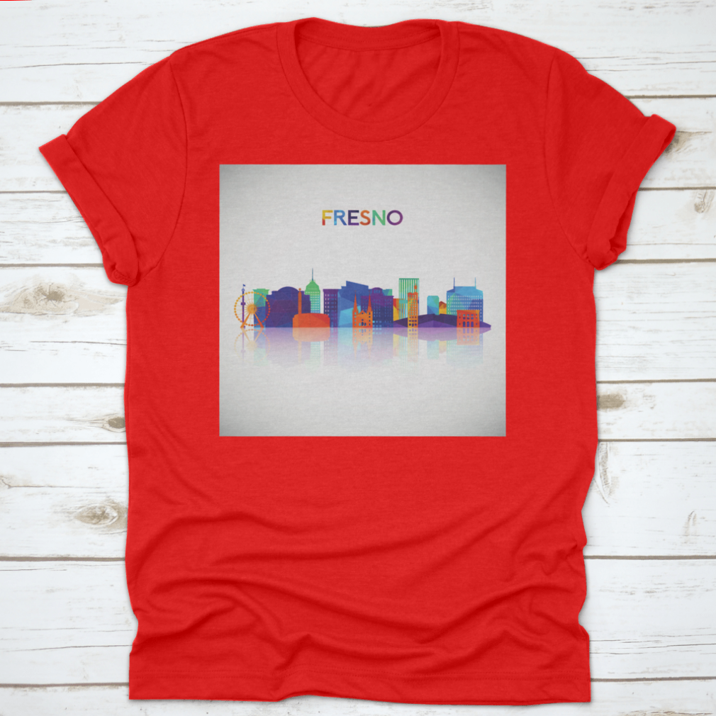 Colorful geometric silhouette of Fresno skyline on a cotton shirt, showcasing vibrant colors and modern design.