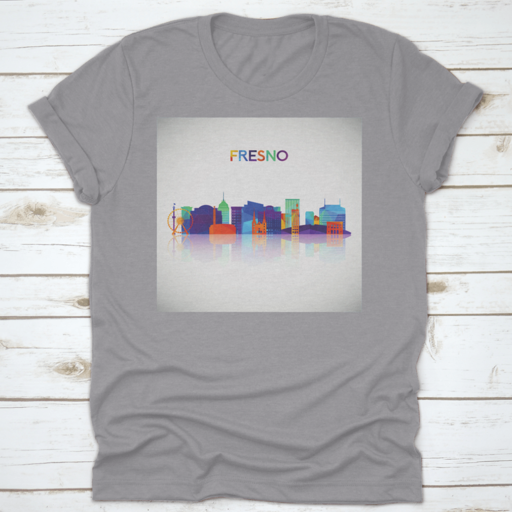 Colorful geometric silhouette of Fresno skyline on a cotton shirt, showcasing vibrant colors and modern design.